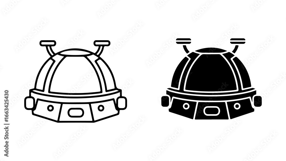 Naklejka premium Sci-Fi Astronaut Helmet Icon Set in Outline and Solid Glyph Styles on a White Background