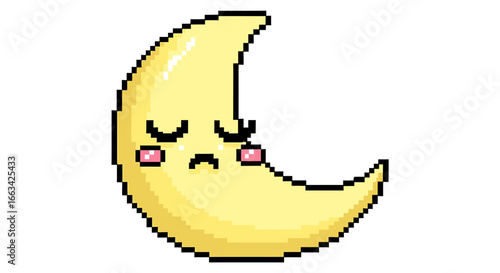 Cute pixel art illustration of a kawaii crescent moon with a sleepy face and blushing cheeks