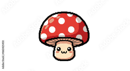 A cute pixel art illustration of a kawaii red and white spotted mushroom character icon