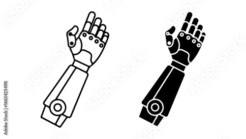 Robotic arm icon set with outline and solid glyph styles on an isolated white background