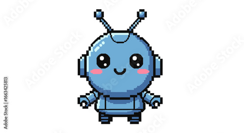 Adorable pixel art kawaii blue robot icon with blushing cheeks and antennae on an isolated background