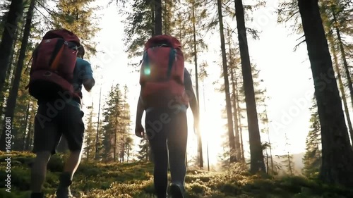 Hikers Trekking Through Sunlit Forest During Early Morning Adventure