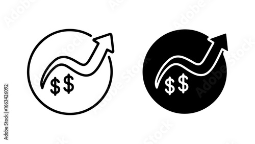 Financial Growth and Profitability Icons with Upward Arrow and Dollar Signs, Line and Glyph Styles