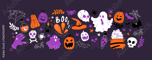 Halloween stickers and scary magic in cartoon style 90s. Vintage witchcraft shapes: skulls, pumpkins, ghosts, bats, spiders, potion. Spooky groovy scary patches vector set.