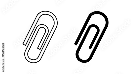 A minimalist set of two paperclip icons, one in a black outline style and the other a solid black silhouette, isolated on a white background.