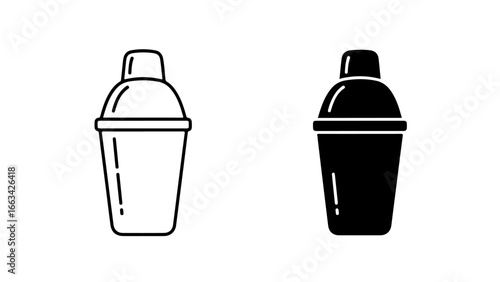 Cocktail Shaker Icon Set with Line Art and Solid Glyph Styles on a White Background