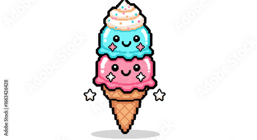 Charming pixel art ice cream cone featuring two kawaii scoops with sparkling smiles, perfect for sweet digital designs