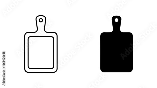 Minimalist Cutting Board Icon Set with Outline and Solid Silhouette Styles, Isolated on a White Background
