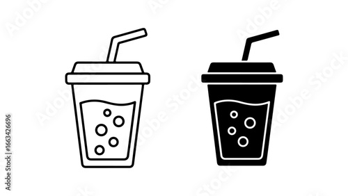 Fizzy Drink Icon Set with Outline and Solid Styles. Vector Illustration of a Soda Cup with a Straw on a White Background.
