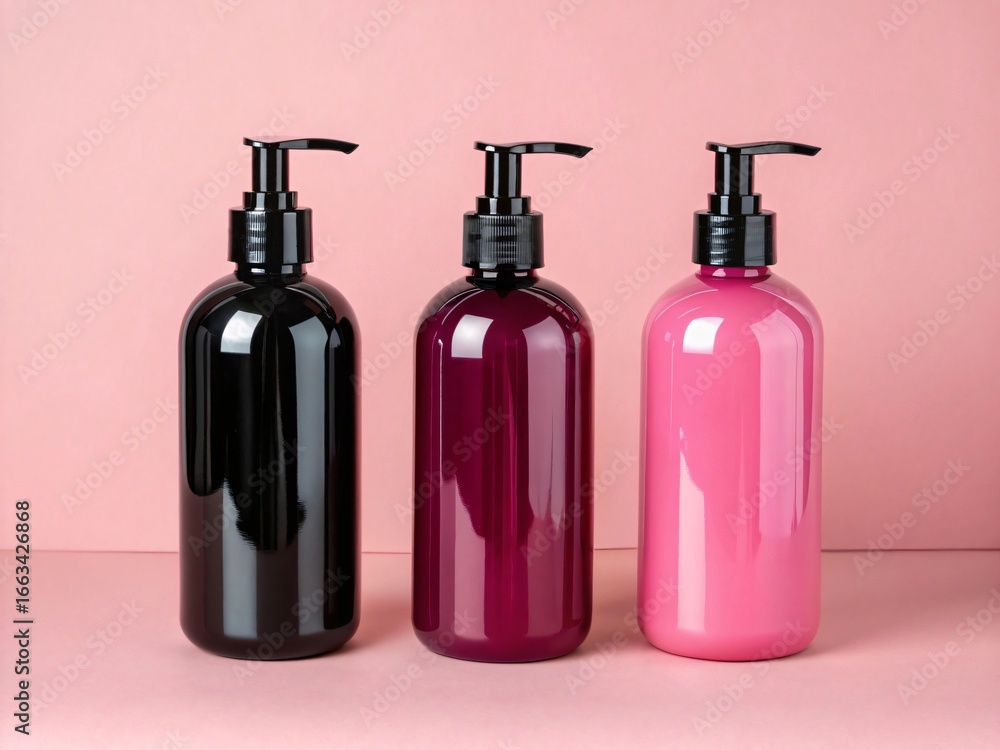 Three glossy plastic bottles with pump dispensers black burgundy and pink on pink background Three glossy plastic bottles with pump dispensers black burgundy and pink on pink background