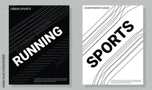 Sports. Running. Minimalist. A modern black and white vector poster template set with dynamic abstract lines for an event flyer, a magazine cover, or a sports brand's promotion design.
