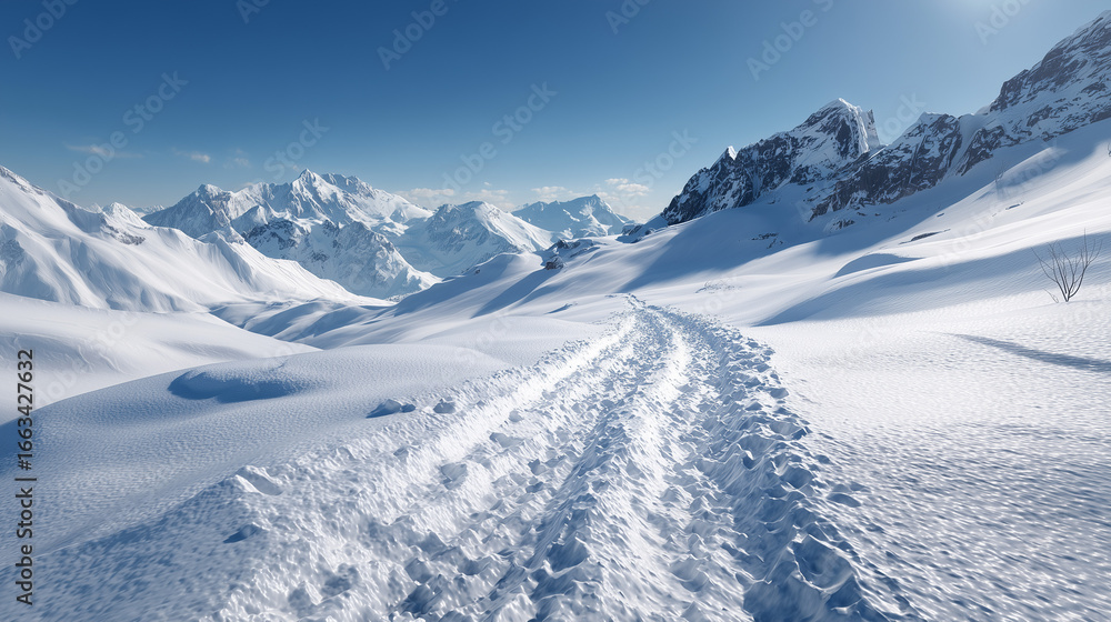 Obraz premium Snowy Mountain Path with Tire Tracks and Distant Peaks