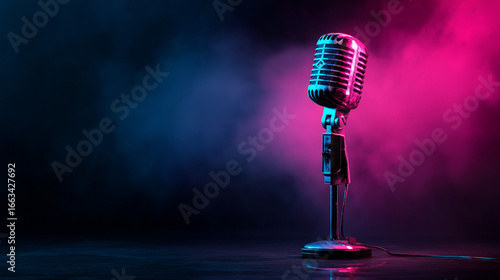 Vintage microphone with pink and blue lighting and smoke