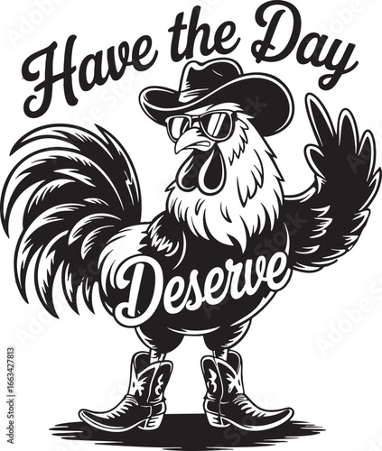 Rooster wearing cowboy hat sunglasses and boots with text, rooster, chicken, bird, animal, farm, poultry, fowl, country, western, cowboy, hat, sunglasses, boots, text, lettering, phrase, quote, slogan
