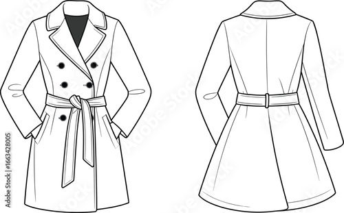 CAD drawing flat vector illustration of double-breasted trench coat, belt detail, front and back view, button closure design, outerwear fashion template, stylish garment sketch layout
