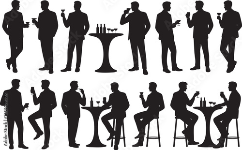 Silhouettes of men at a cocktail party gathering, silhouettes, men, cocktail, party, gathering, social, event, celebration, drinking, drinks, wine, bottles, glasses, tables, bar, standing, sitting, fo