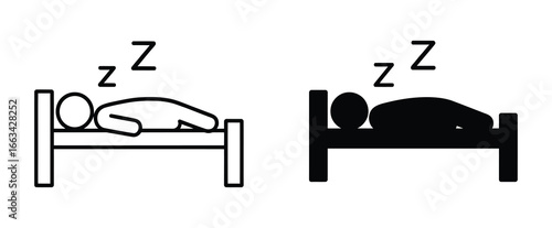 WebIllustration of a person sleeping in bed, depicted in both outline and filled versions, , representing rest, relaxation, and nighttime slumber