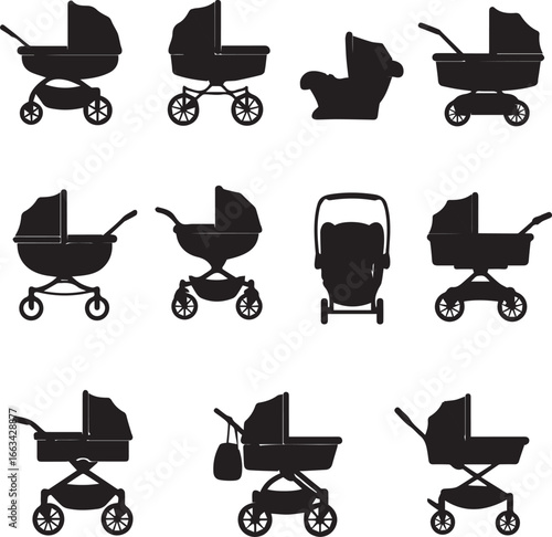 Collection of Black Silhouettes of Baby Strollers and Car Seats pram carriage