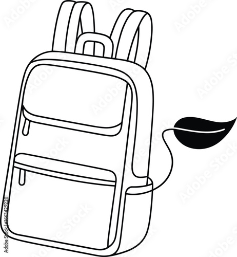 CAD drawing flat vector illustration of eco-friendly backpack, minimalist outline design, sustainable travel gear, leaf detail, front view layout, nature-inspired accessory, black and white sketch