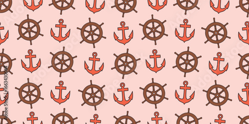 cute hand drawn nautical seamless vector pattern illustration with brown ship rudder and red anchor on pink background