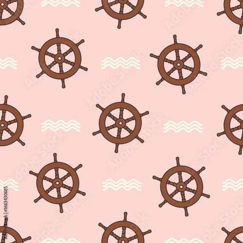 cute hand drawn nautical seamless vector pattern illustration with brown ship rudder and white waves on pink background 