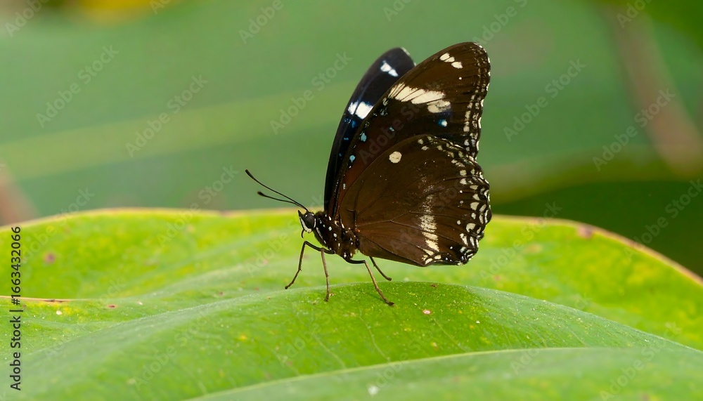 Obraz premium A detailed close-up view of a butterfly with dark brown wings featuring white and light blue markings, resting gracefully on a vibrant green leaf.