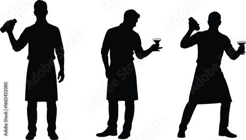 Silhouette set of bartenders mixing and serving drinks with cocktail shakers and glasses for bar, restaurant, and design concept use