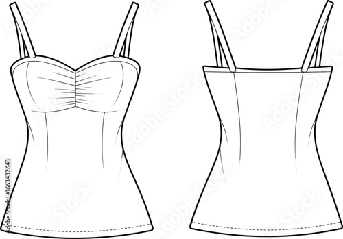 CAD drawing flat vector illustration of fitted sleeveless top, gathered bust detail, front and back views, fashion design sketch, technical garment template, stylish apparel layout