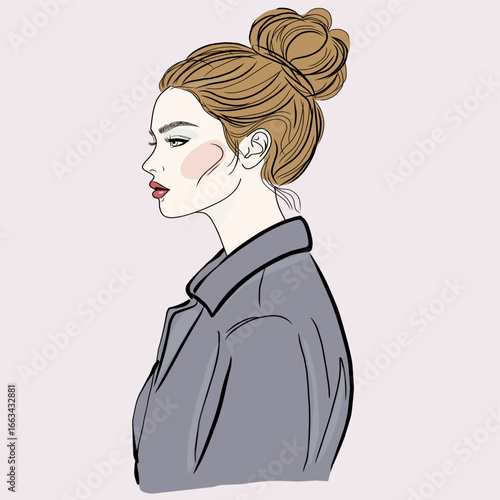 Illustration Vector of Woman with Bun Hairstyle Modern Portrait with Beige Hair and Gray Jacket in Elegant Fashion Style
