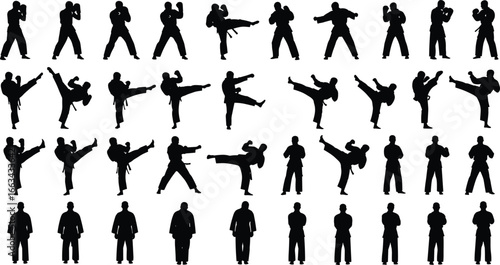 Silhouette set of martial arts poses including fighting stances, kicks, and gestures for sports, training, and concept design use