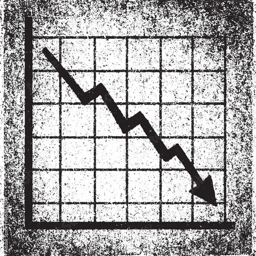 Black and white distressed grunge style chart with a bold arrow pointing downwards, symbolizing decline, loss, crisis, depression, and negative economic trend.