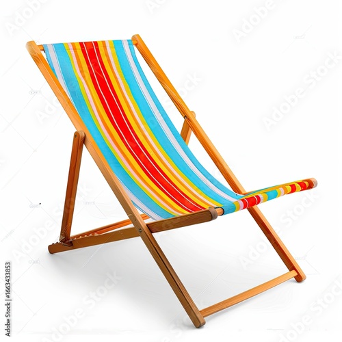 Colorful beach chair with a vibrant striped canvas, wooden frame, and a reclined position