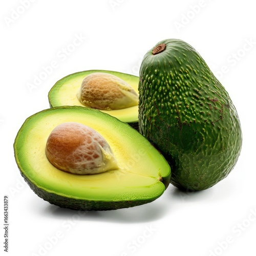 Two halves and one whole avocado, vibrant green skin, creamy interior, isolated on white