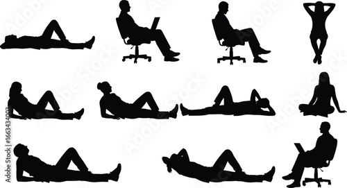 Silhouette set of people sitting, lying, and using laptops in various relaxed and office poses for design and concept use