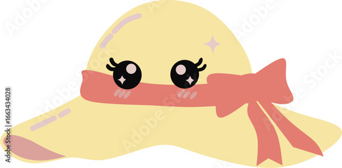Cute Hat Vector Illustration with Ribbon and Kawaii Eyes Cartoon Style