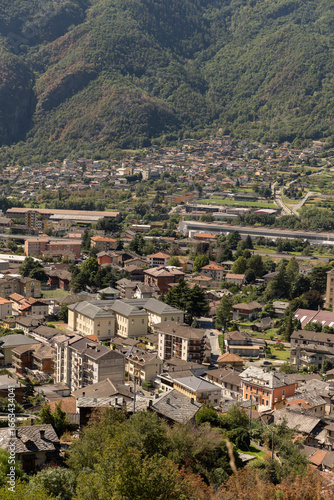 Aerial view of the town of Verrès in the Aosta Valley, featuring the historic center, Verrès Castle, and surrounding mountains