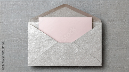Silver envelope with pink card on textured background
