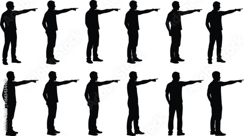 Silhouette set of person pointing with extended arm, side profile pose for gesture, direction, concept, and design illustration use