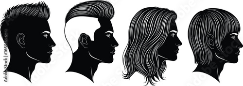 Silhouette set of trendy male and female hairstyles including bob, pompadour, wavy, and spiky cuts for design use
