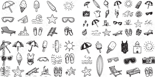 A set of simple doodle icons representing summer beach and vacation, such as sunshades, swimming suit, ice cream ball, surfboard, starfish, waves, diving goggles.eps