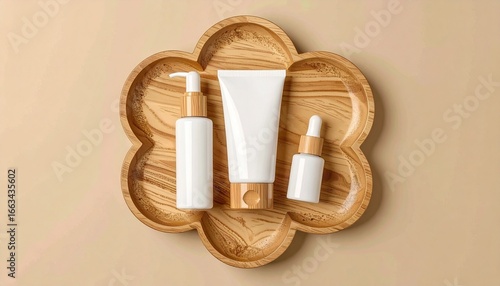 Wallpaper Mural Skincare Products on Wooden Tray, Minimalist Beauty Concept. Torontodigital.ca