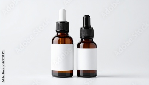 Two Brown Glass Dropper Bottles with Blank White Labels