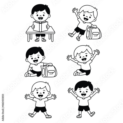Black and white vector kids posture fun icons showing cartoon kids reading, carrying schoolbag, stretching, sitting, standing, and jumping