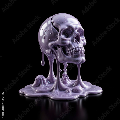 Iridescent abstract crystal glass 3d melting liquid skull floating reflecting colorful light