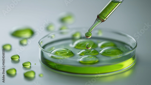 Scientific manipulating a thick fluid on a glass petri dish using a precision glass pipe tool sample inside petri dish. Science research concept
