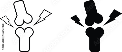Bone fracture icon set in outline and solid style. Vector design showing broken bone with pain symbols, representing injury, accident, joint pain, orthopedic problem, and medical emergency.