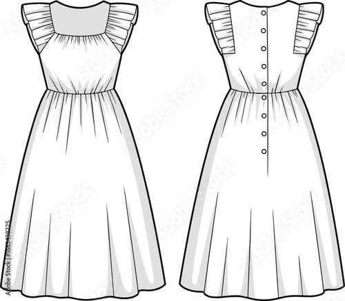 CAD drawing flat vector illustration of girls summer dress, ruffled sleeve design, gathered waistline detail, button closure on back, front and back fashion layout, garment template sketch