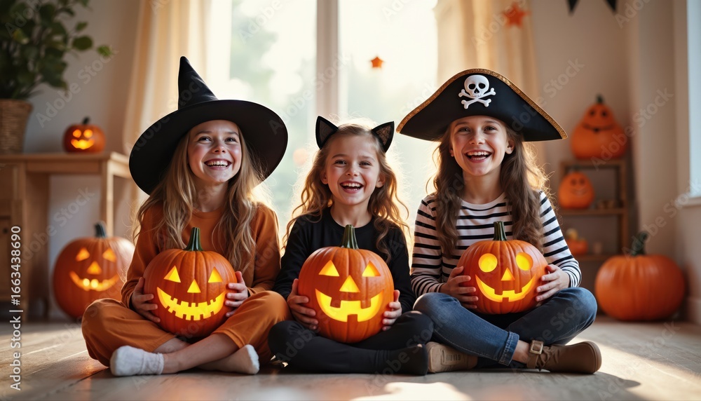 Fototapeta premium Three happy young girls in Halloween costumes, dressed as a witch, cat, and pirate, sitting on the floor with glowing jack-o'-lanterns, celebrating Halloween holiday.