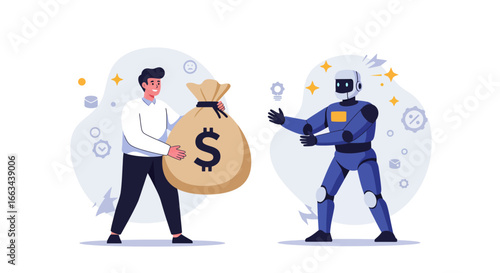 A man holding a large money bag confronts a futuristic robot, symbolizing the intersection of finance and artificial intelligence.