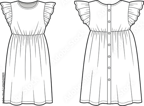 CAD drawing flat vector illustration of girls’ ruffle sleeve dress, front and back view, gathered waistline, button-down back, round neckline, children’s fashion design template